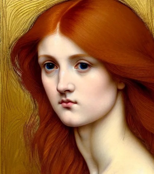 Prompt: portrait of a beautiful auburn - haired woman sitting upon a table with heightened detail, poised, intense emotion, detailed facial expression, detailed surroundings, intricate, elegant, highly detailed, centered, digital painting, artstation, concept art, smooth, sharp focus, illustration, by ( sir edward coley burne - jones ), wlop