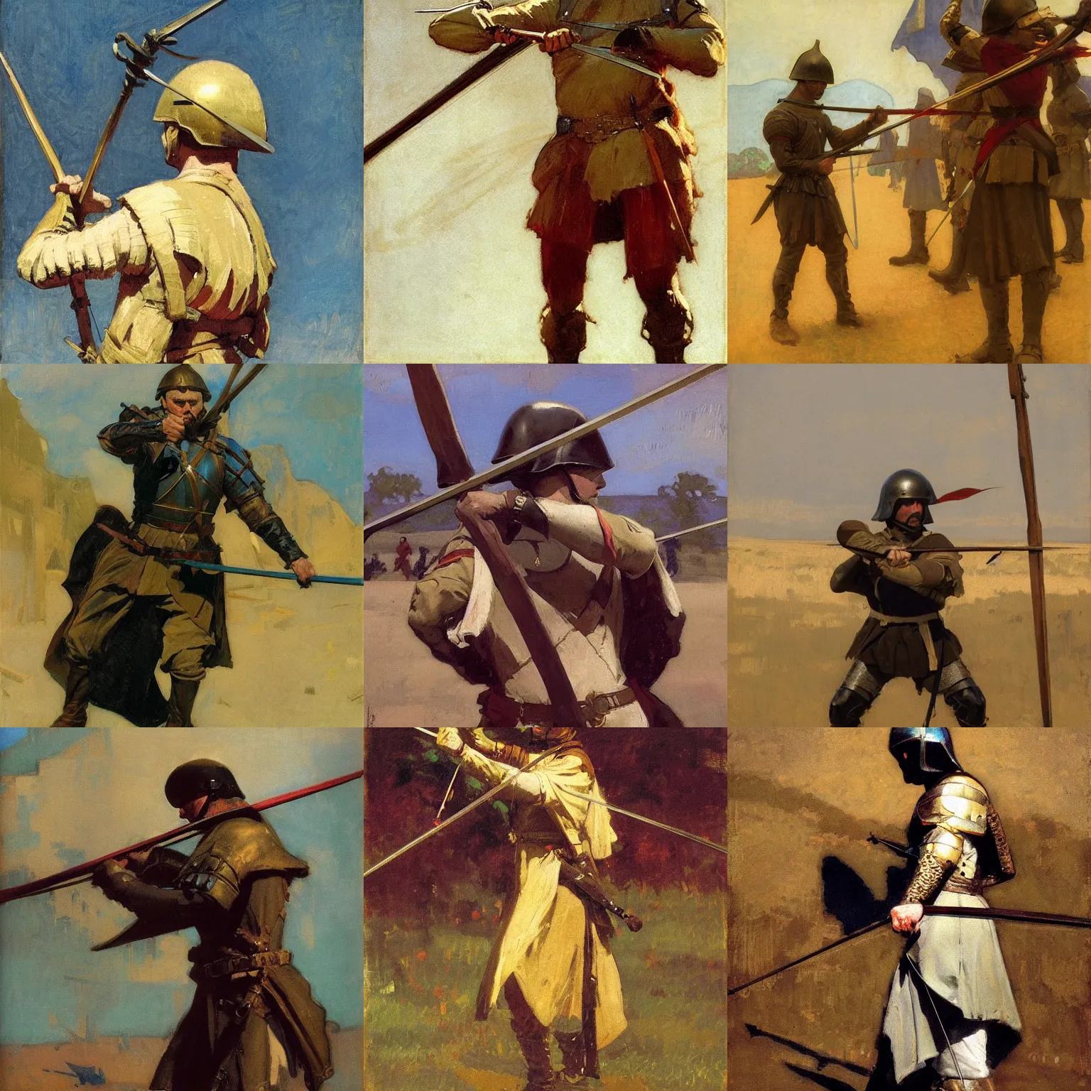 Prompt: medieval soldier aiming a bow, elegant, close - up, impressionistic, strong light, greg manchess, mucha, liepke, ruan jia, jeffrey catherine jones, bernie fuchs