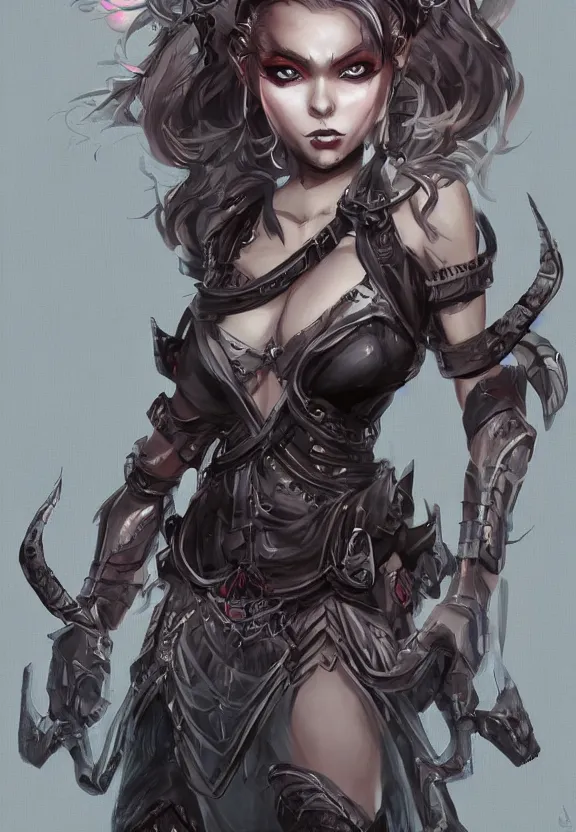 Image similar to mad warrior seductive girl concept art, character in the middle, short dress, detailed eyes, symmetrical, rule of three, detailed body, full body, detailed face, ultradetailed digital illustration, 8 k, epic atmosphere, digital art by simon cowell and rachel walpole