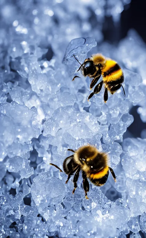 Prompt: a bee and a flower entrapped under a layer of ice, beautiful macro photography, ambient light