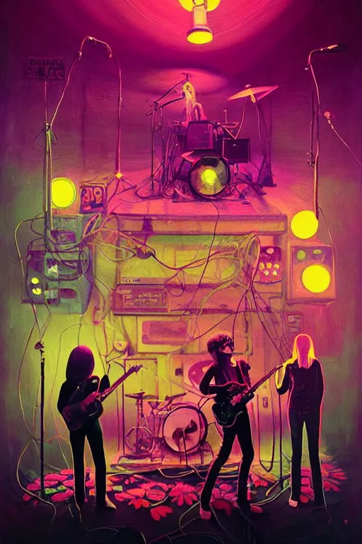 Image similar to the velvet underground and nico playing live on stage at a night club, beautiful stage decoration with flowers in the background, painting by simon stalenhag, very detailed and colorful and toned down and ornamental and moody and cool and relaxed and high on drugs, trending on artstation, behance contest winner