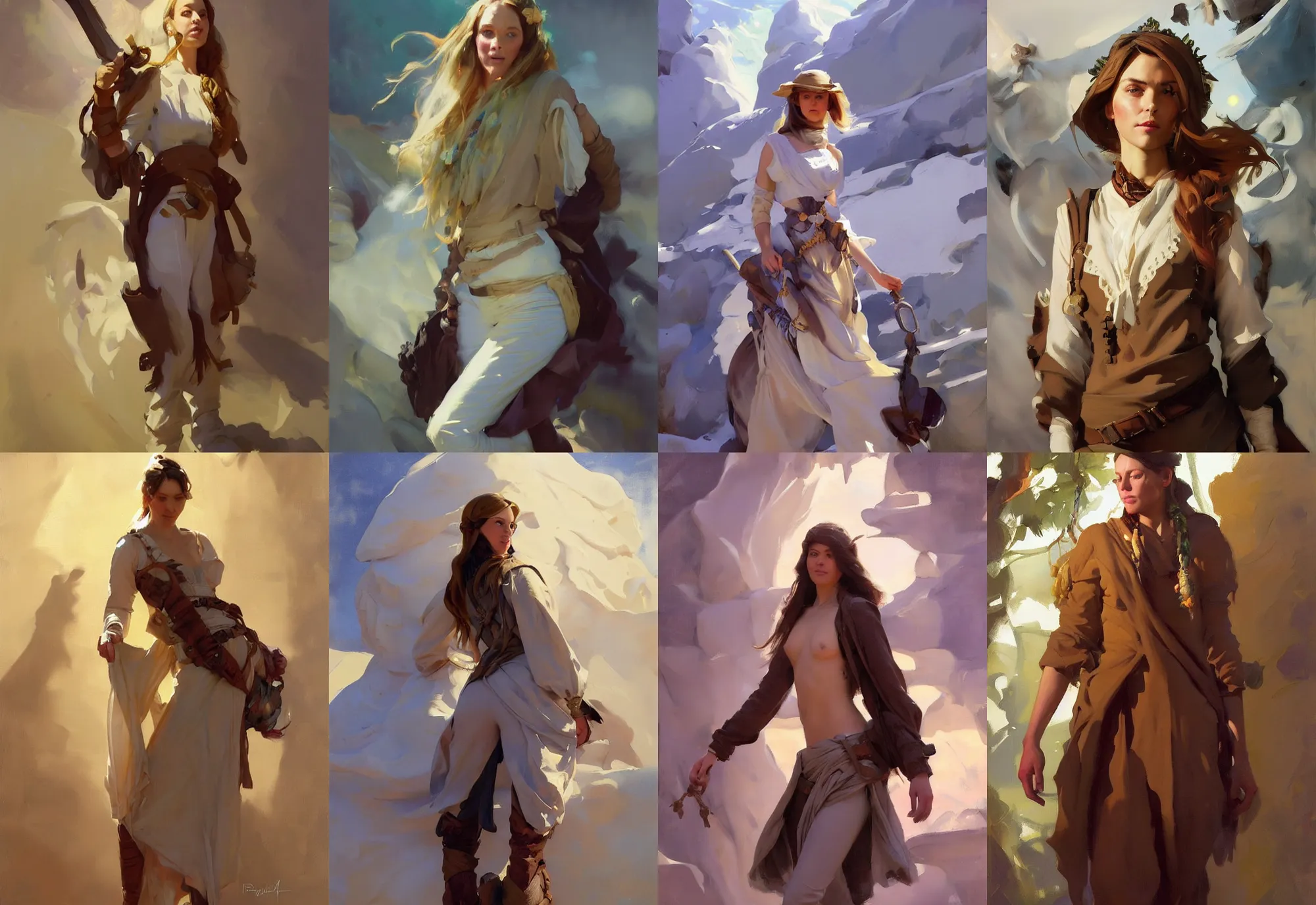 Image similar to in full growth portrait of hippie model girl jodhpurs hyperborea winter traveler treasure hunter greg manchess painting by sargent and leyendecker, fantasy, medium shot, asymmetrical, intricate, elegant, matte painting, illustration, hearthstone, by rhads, by greg rutkowski, by greg tocchini, by james gilleard, by joe fenton