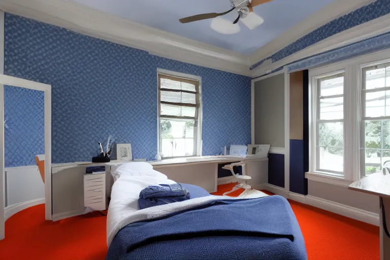 Image similar to a 10 by 11 foot room with white with a criss cross pattern in blue grey walls, white ceiling with wires running across them and fire alarm, the trim on the ceiling is orange wood, navy blue carpet, a small bed, desk, two wooden wardrobes, a little side table in a light wood veneer, a window, desk fan, table light, and an old TV, and a ceiling fan gives off a dim orange light