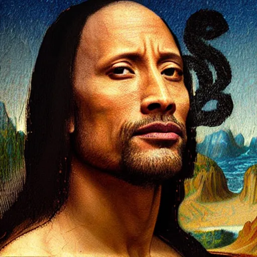 Image similar to Dwayne Johnson in the Mona Lisa painting 4k detail