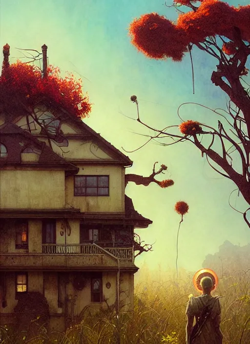 Image similar to a hyper realistic house on a hill distant explosions, gorgeous lighting, lush foliage, painting by chiara bautista and tom bagshaw, mucha, beksinski and norman rockwell and greg rutkowski weta studio, and lucasfilm