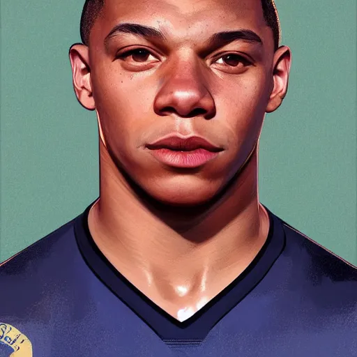 Image similar to Portrait of Kylian Mbappé, digital painting, highly detailed, concept art, Artstation, Cgsociety, by Artgerm, by Alphonse Mucha, by Wlop