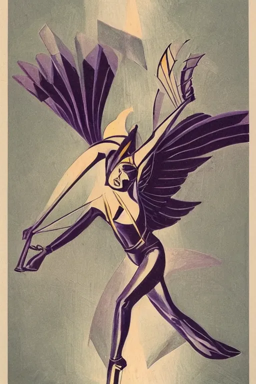 Image similar to a valkyrie taking flight, art deco