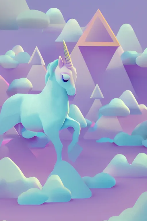 Image similar to geometric 3 d render, soft bright pastel, unicorn in the middle, mountains surrounding, rule of thirds