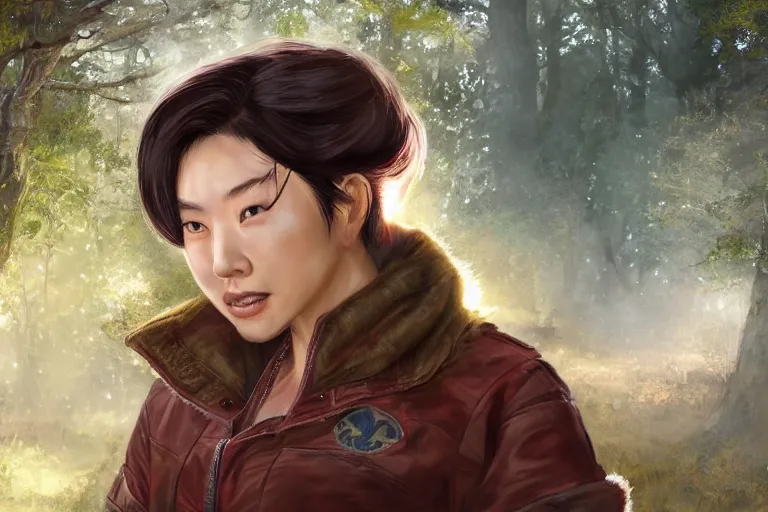 Prompt: fallout 5, charismatic beautiful rugged asian female protagonist, portrait, outdoors in forest area near a tori gate of a nearby shinto shrine, atmospheric lighting, painted, intricate, volumetric lighting, daytime, winter, clear weather, golden hour, sharp focus, ultra detailed, art by william turner