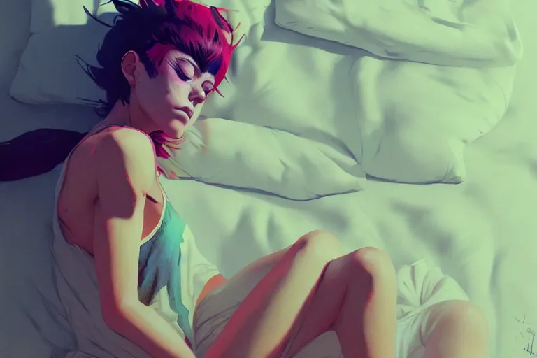 Prompt: a ultradetailed painting of a stylish girl waking up, she is wearing a tank top by conrad roset, greg rutkowski and makoto shinkai trending on artstation