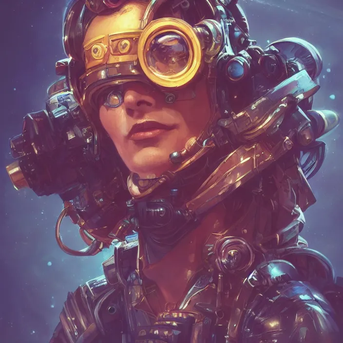 Prompt: a head and shoulders portrait of a space pirate, neon, retro, steampunk, smooth, sharp focus, intricate, artstation, detailed concept art by Rutkowski and Mucha and sky sewa and Darwin Cellis