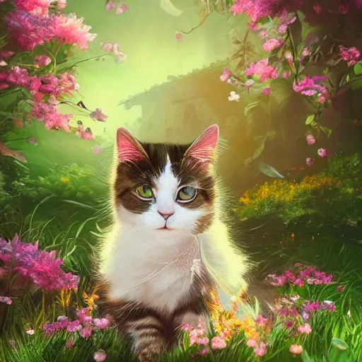 Image similar to photo of a cat in the blossoming garden, professional portfolio of a cat, trending on artstation, super detailed, everything in a beautiful light, stylishly designed background, fantasy art, photoshop