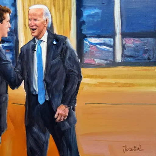 Image similar to mark zuckerberg talks to joe biden, oil painting, ideal, painting