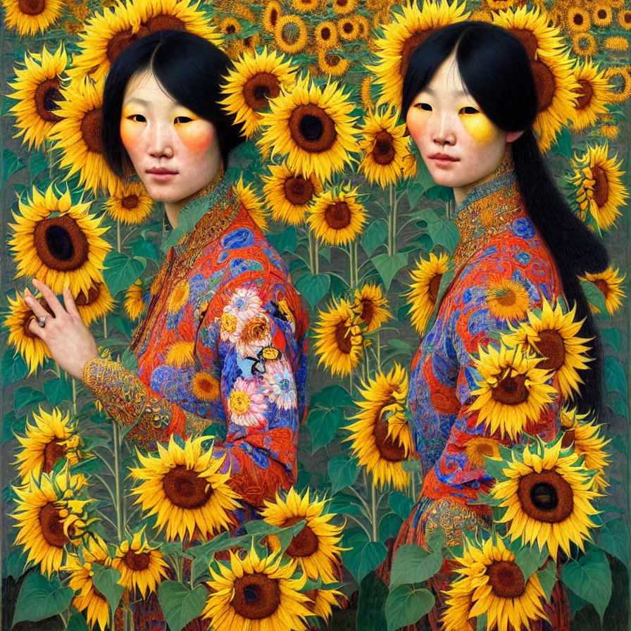 Prompt: portrait of only one beautiful mongolian woman wearing colourful face paint surrounded by bright intricate patterns of sunflowers and other plants, by edgar maxence and caravaggio and michael whelan, intricate painting, hyperrealistic, finely detailed and beautiful aesthetic face, 8 k resolution