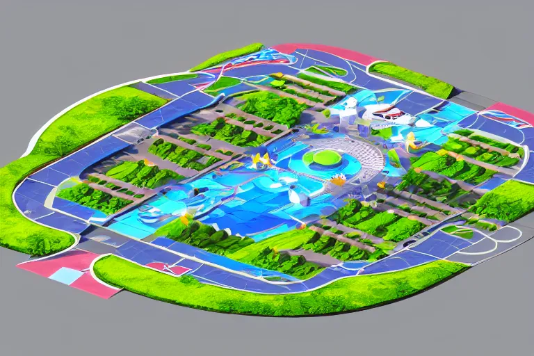 Image similar to isometric view of a futuristic high - tech sky arena inspired by modern skate parks and modern chinese playgrounds in the style of mario 3 d world, day