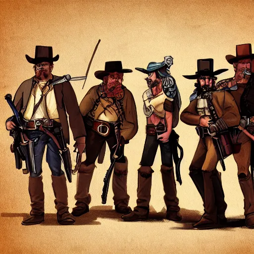 Prompt: a gang of mercenaries in the wild west, posing for a group photo, cool, stylized, colorized, concept art, key visual