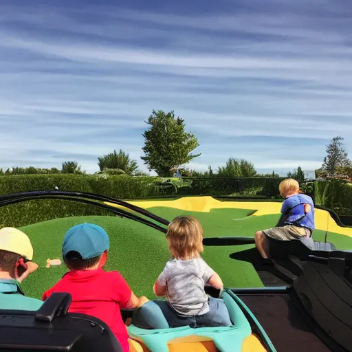 Prompt: family playing mini golf at a dinosaur themed park, mini put, top down view