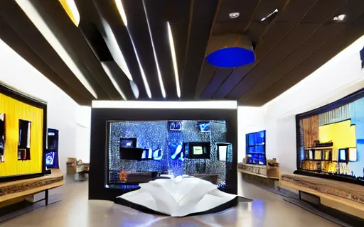 Image similar to A flagship Samsung store. black walls. timber floor. high ceilings with spots. wood furniture with large digital screen. display tables with phones and tablets, pots with plants, large colorful digital screens on the walls, Architectural photography. 14mm. High Res 8K. award winning architectural design, Japandi Style, warm and happy, inviting