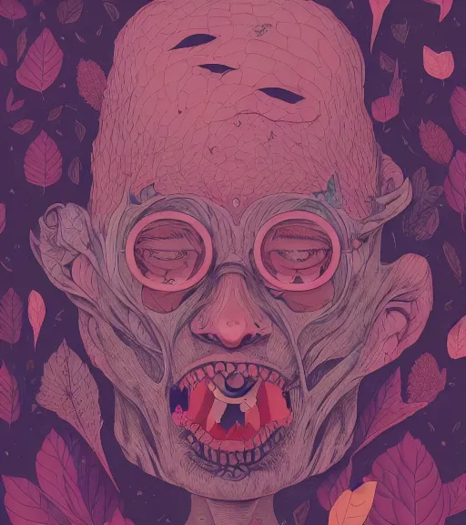 Image similar to portrait, nightmare anomalies, leaves by miyazaki, violet and pink palette, illustration, kenneth blom, mental alchemy, james jean, pablo amaringo, naudline pierre, contemporary art, hyper detailed