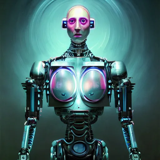 Prompt: a hyper - realistic character concept art portrait of a robotic being with multiple body parts that emit colored lights, depth of field background, artstation, award - winning realistic sci - fi concept art by jim burns and greg rutkowski, beksinski, a realism masterpiece, james gilleard, bruegel, alphonse mucha, and yoshitaka amano.