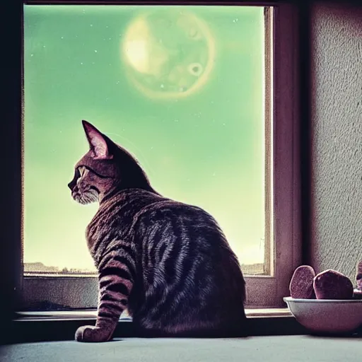 Image similar to photo of a cat watching martian landscape inside a window next to a bowl with cat food