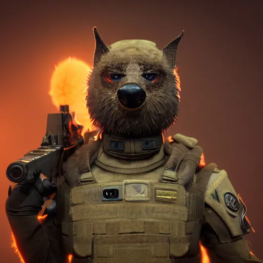 Image similar to mole wearing military gear, furry, glowing arcane eyes, ultra detailed, cgi, photorealistic, unreal engine 5, nft portrait, 3 d, digital art, 8 k, octane render, trending on art station