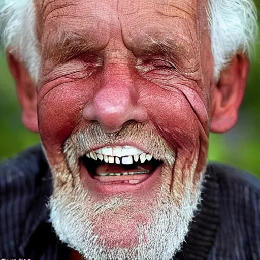 Prompt: an old man who has grown the world\'s longest human teeth, which are two inches long and curling up out of the mouth