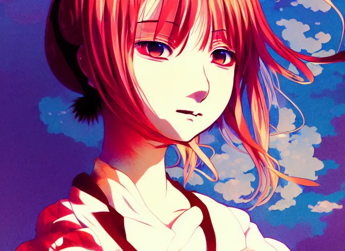 Image similar to yoh yoshinari editorial illustration colorful anime portrait of shiina ringo, murata range, manga, ilya kuvshinov, fine texture, detailed, matte colors, perfect anime face, cinematic dramatic lighting, film grain, dynamic composition, moody, vivid, volumetric, alphonse mucha, stippled lighting