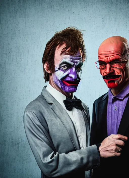 Prompt: portrait of saul goodman and walter white as the joker, absurdist bokeh caustics