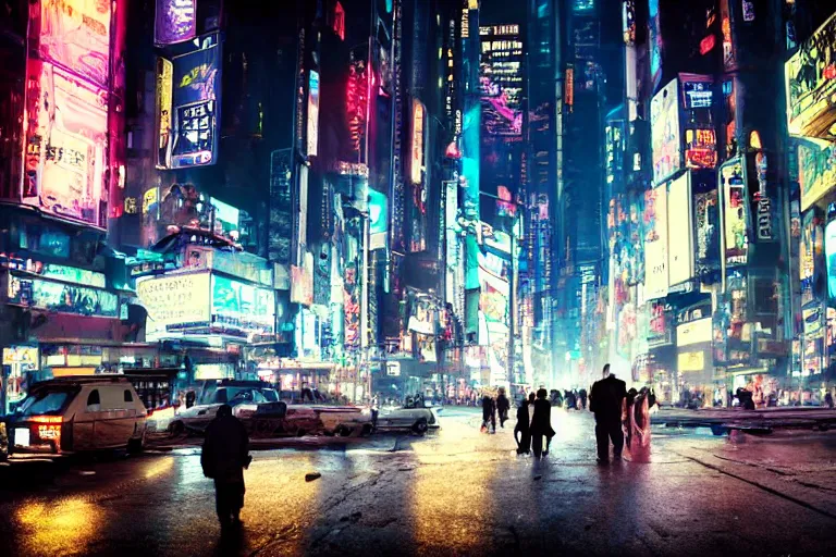 Image similar to cinematography of a busy cyberpunk city street by Emmanuel Lubezki