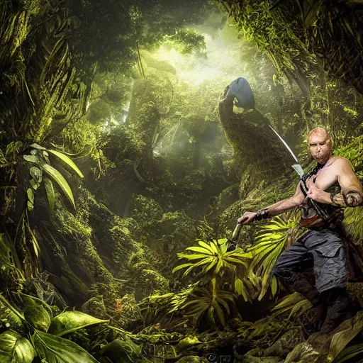 Prompt: a small and frail adventurer armed with a sword, in front of a colossal snake monster, frightening and staring, immersed in thick and dense jungle with dim light filtering through the foliage, by mattias bergstrom, 8 k, extreme details, masterpiece, dramatic perspective, low - angle, sigma 2 4 mm f / 8