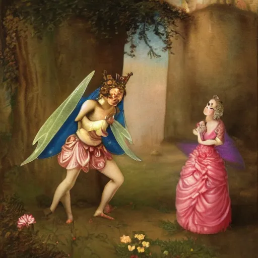 Image similar to a beautiful fairy princess is angry at a jester