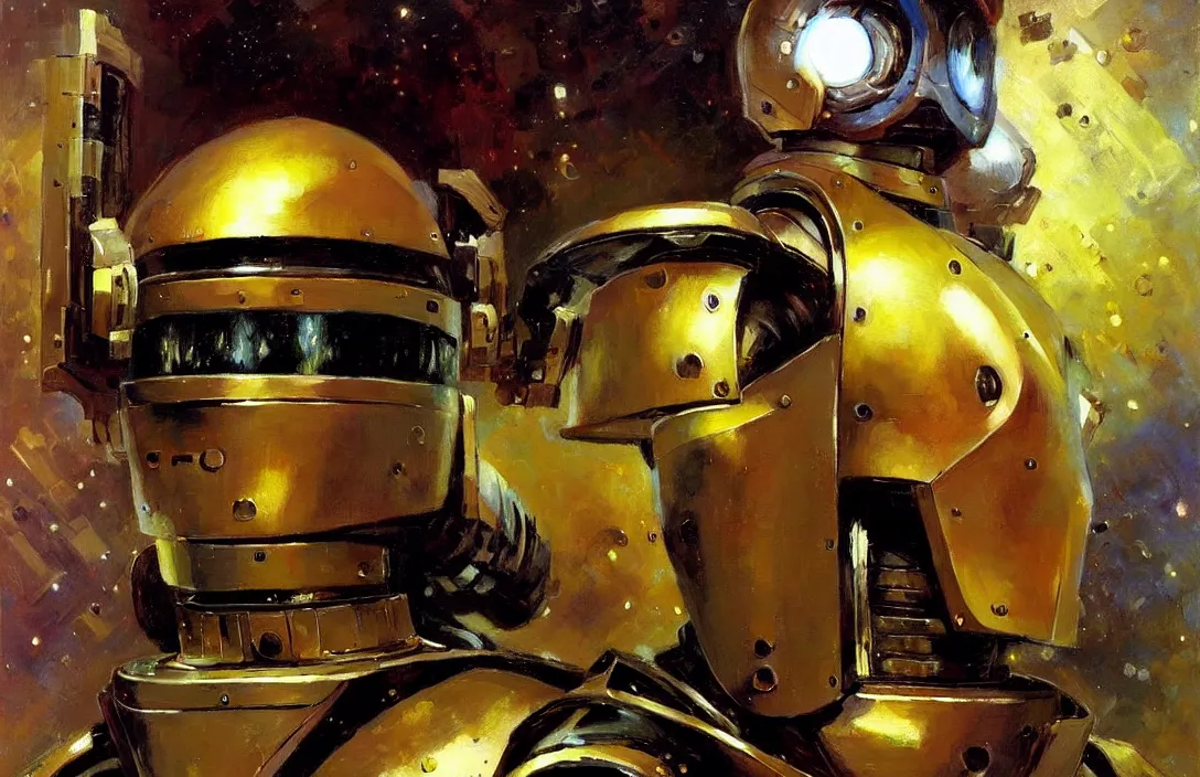 Image similar to portrait of futuristic space robot!!!!!!!!!!!!!!!!!!!!!!!!!!!, detailed face, detailed painting,, epic lighting, by ilya repin, phil hale and kent williams