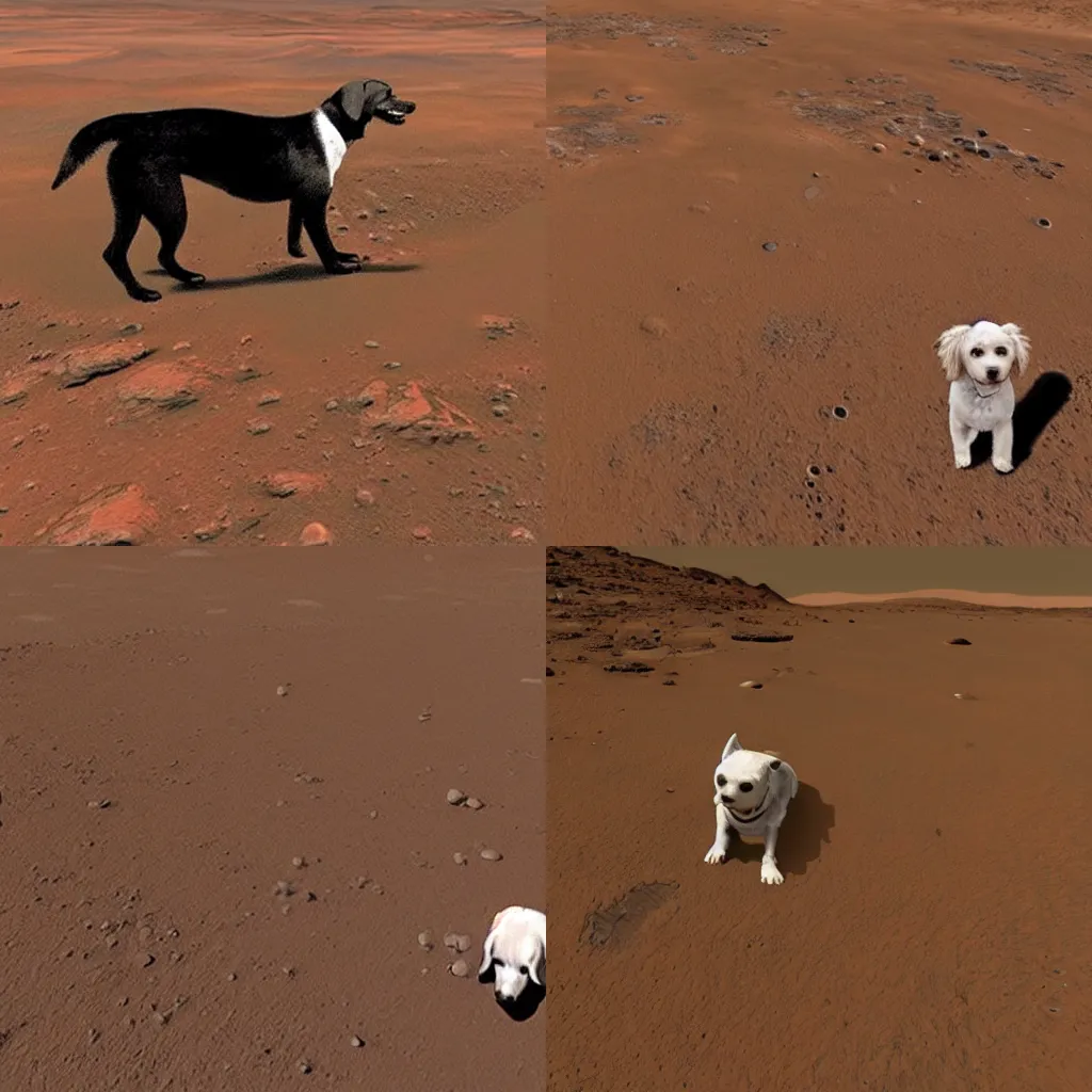 Prompt: a lost and confused dog on the surface of mars