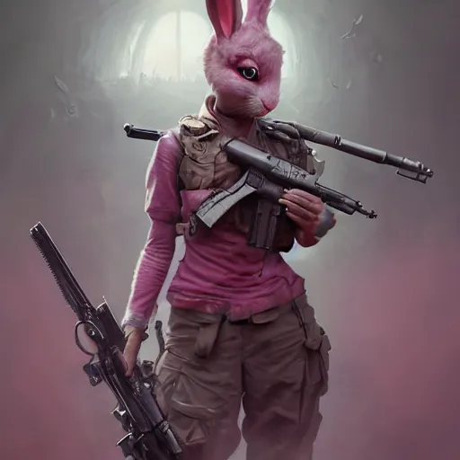Prompt: Psycho pink bunny in world war 3, intricate, highly detailed, digital painting, artstation, concept art, smooth, sharp focus, illustration, Unreal Engine 5, 8K, art by artgerm and greg rutkowski and alphonse mucha
