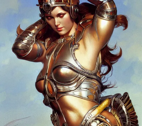 Prompt: photography girl warrior armour, chrome, deep focus, intricate, elegant, highly detailed, digital painting, artstation, concept art, matte, sharp focus, illustration, art by artgerm and greg rutkowski and alphonse mucha and gil elvgren