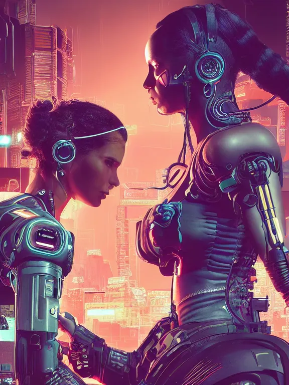 Image similar to a cyberpunk 2077 illustration half body portrait of two female android queen ,complex mess of cables and wires behind them connected to giant computer, film lighting, by laurie greasley,Lawrence Alma-Tadema,William Morris,Dan Mumford, trending on atrstation, full of color, mythological, high detailed,golden ratio,cinematic lighting