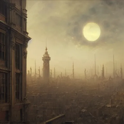 Image similar to Hyper realistic painting of a victorian city covered my smog, dark fantasy, dark clouds above with moonlight shining through them, industrial buildings, view from above, by Greg Rutkowski