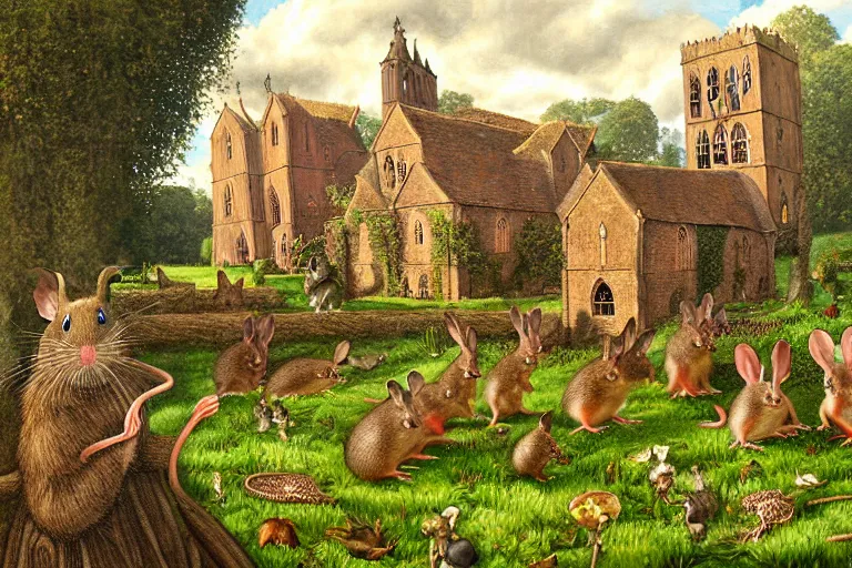 Image similar to an elaborate and dense painting of redwall abbey in mossflower wood with lots of mice and rabbits and otters walking around, detailed by brian jacques