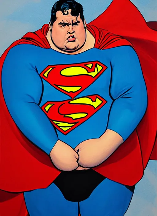 Image similar to Highly detailed painting of a mordidly obese superman with his belly hanging out, style of Joshua Middleton comic book art Nick Dragotta comic art, symmetrical face, symmetrical eyes, depressed sad expression, painterly style