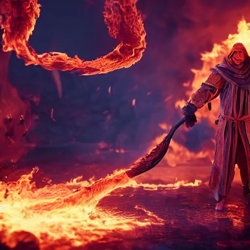 Image similar to novice sorcerer summons a cataclysmic conflagration of fire, epic, cinematic, octane render, extremely detailed, fantasy, 8 k