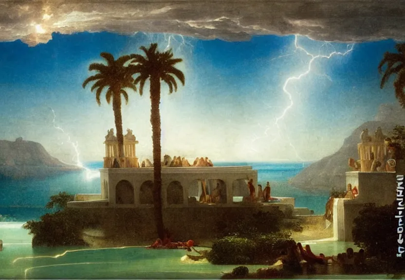 Image similar to Palace floating in heaven, 1km tall, thunderstorm, greek pool, beach and palm trees on the background major arcana sky, by paul delaroche, hyperrealistic 4k uhd, award-winning very detailed, heaven paradise