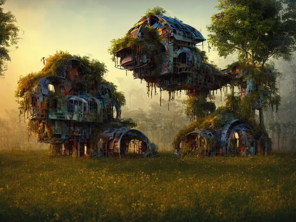 Prompt: beautiful organic house made from junk scrap parts, in an overgrown field, architectural render, futuresynth, chillwave, scrapyard architecture, blender, sunrise, (((mist))), trending on artstation, by gal barkin