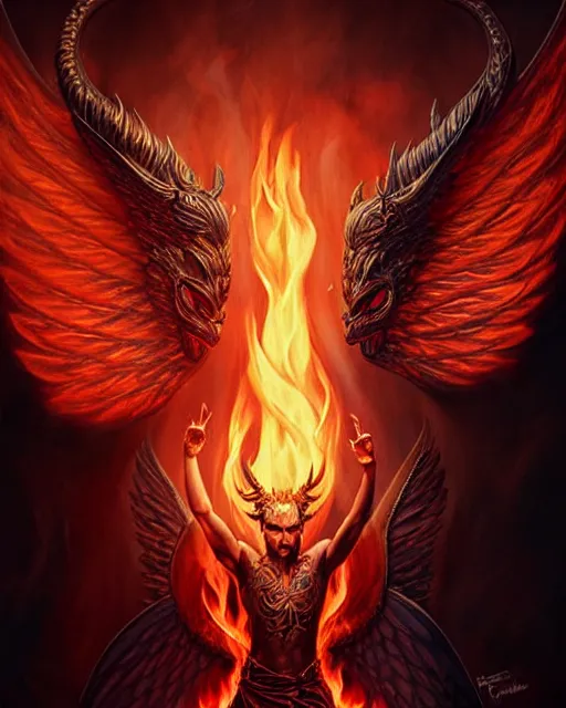 Image similar to tom ellis ( lucifer ) portrait with fire demon wings, fantasy, intricate devilish designs, elegant, highly detailed, sharp focus, art by artgerm and greg rutkowski and wlop