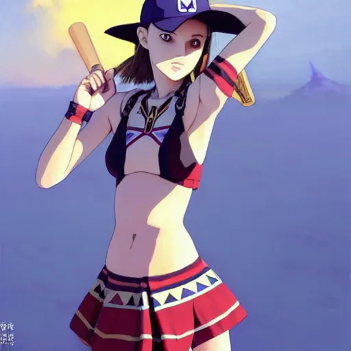 Image similar to beautiful boyish natalie portman alluring gravure model in majora's mask, wearing wooden mask and baseball cap and leotard, street wear with subtle mayan patterns, aztec bathing suit, gapmoe yandere grimdark, trending on pixiv fanbox, painted by greg rutkowski makoto shinkai takashi takeuchi studio ghibli, akihiko yoshida