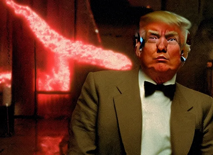 Image similar to film still donald trump meditating in blade runner, 8 k