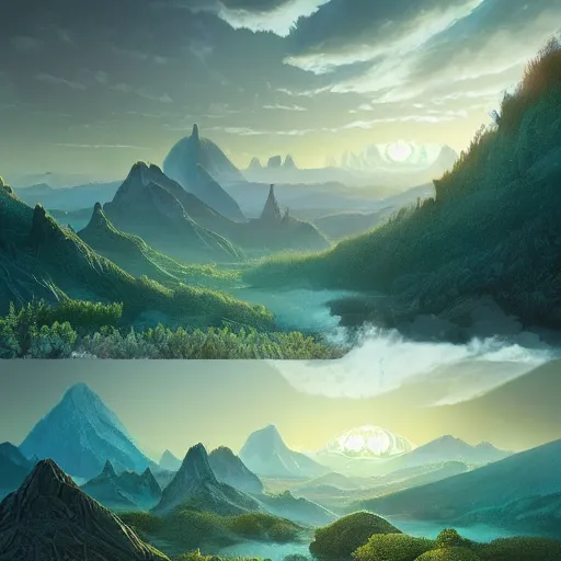 Image similar to A beautiful hyper realistic detailled matte painting of a microscoptic world of algea with ridges similar to mountains with billions of glowing micro trees emmiting a read and teal color by John Howe and Albert Bierstadt and Alena Aenami and dan mumford and dave noton, unreal engine, trending on behance