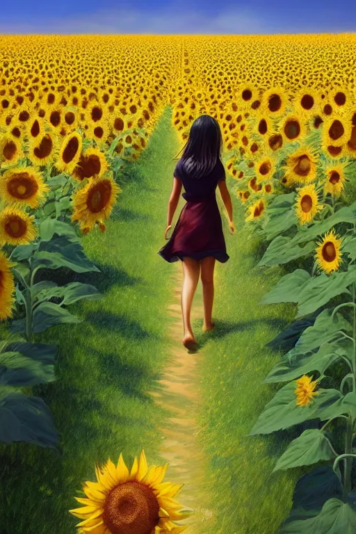 Image similar to a girl slowly walking through amazing tall sunflower field, hair flowing, fanart, by concept artist gervasio canda, behance hd by jesper ejsing, by rhads kuvshinov, rossdraws global illumination radiating a glowing aura global illumination ray tracing hdr render in unreal engine 5, tri - x pan stock, by richard avedon