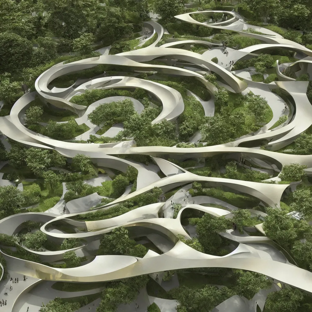 Image similar to “ an incredibly smooth curvilinear architectural sculpture, unfolding continuous golden surfaces enclose a visually interesting garden designed by zaha hadid, architecture render ”