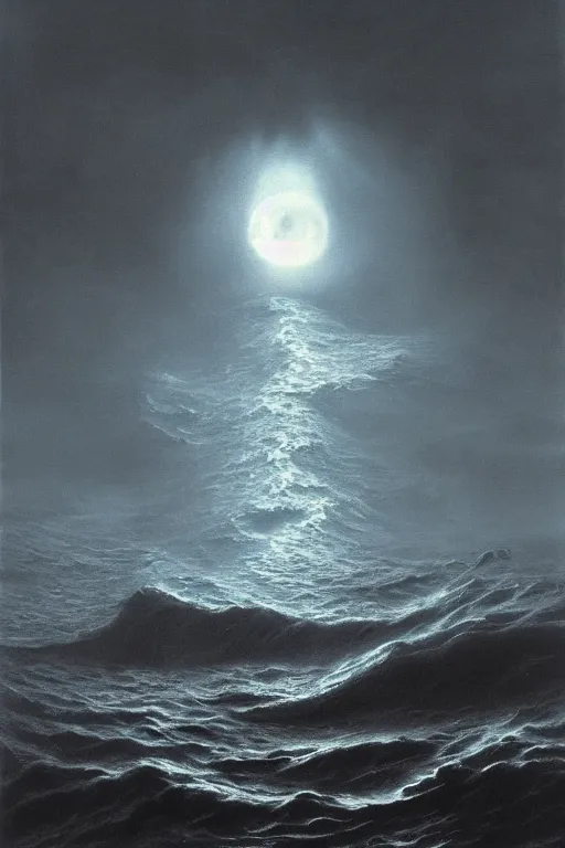 Image similar to A stunning detailed Shoggoth by Zdzisław Beksiński, stormy ocean, beautiful lighting, full moon, detailed swirling water tornado, artstation